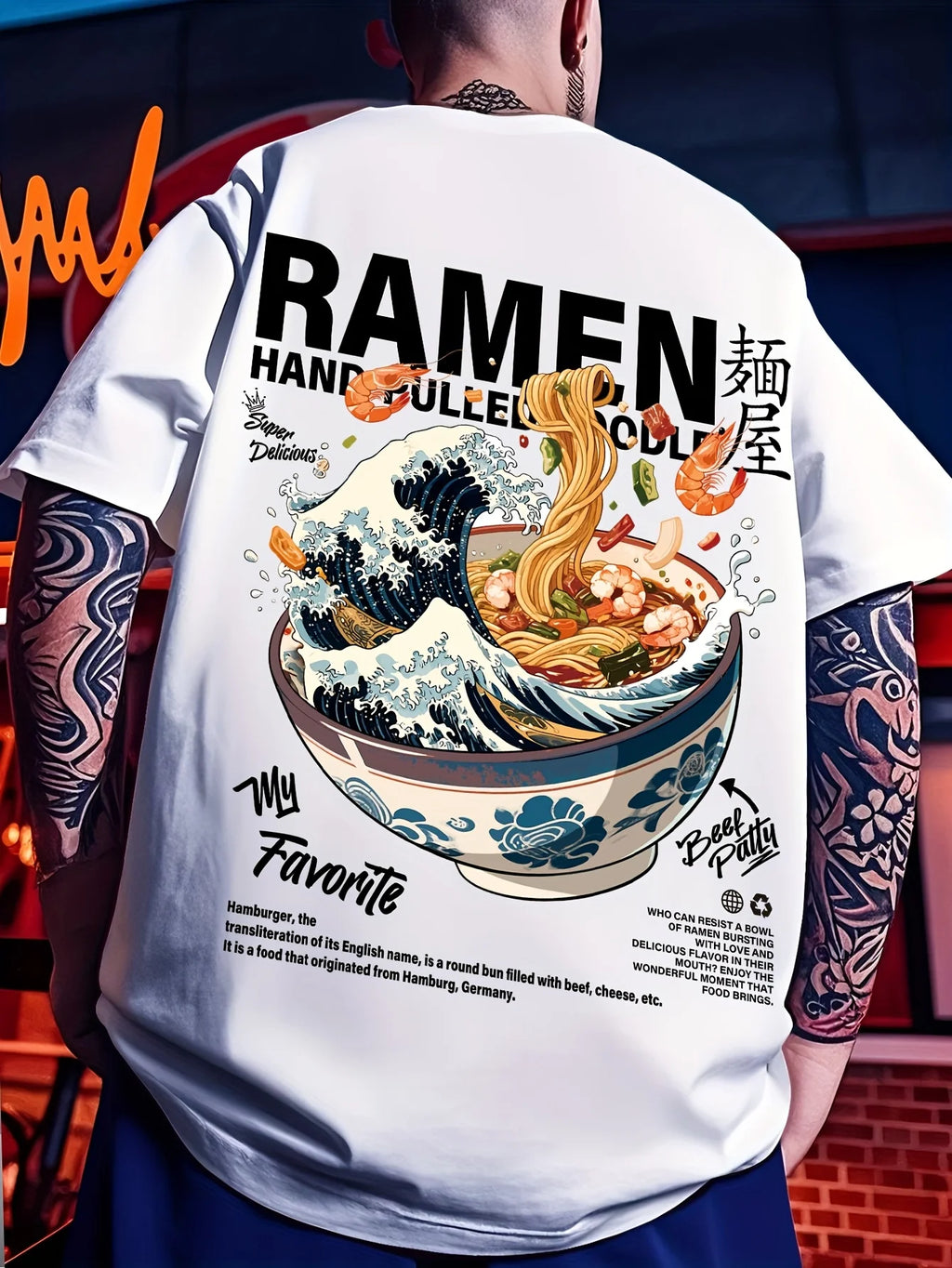 Men's Casual Graphic T-Shirt | Japanese Wave & Noodles Print