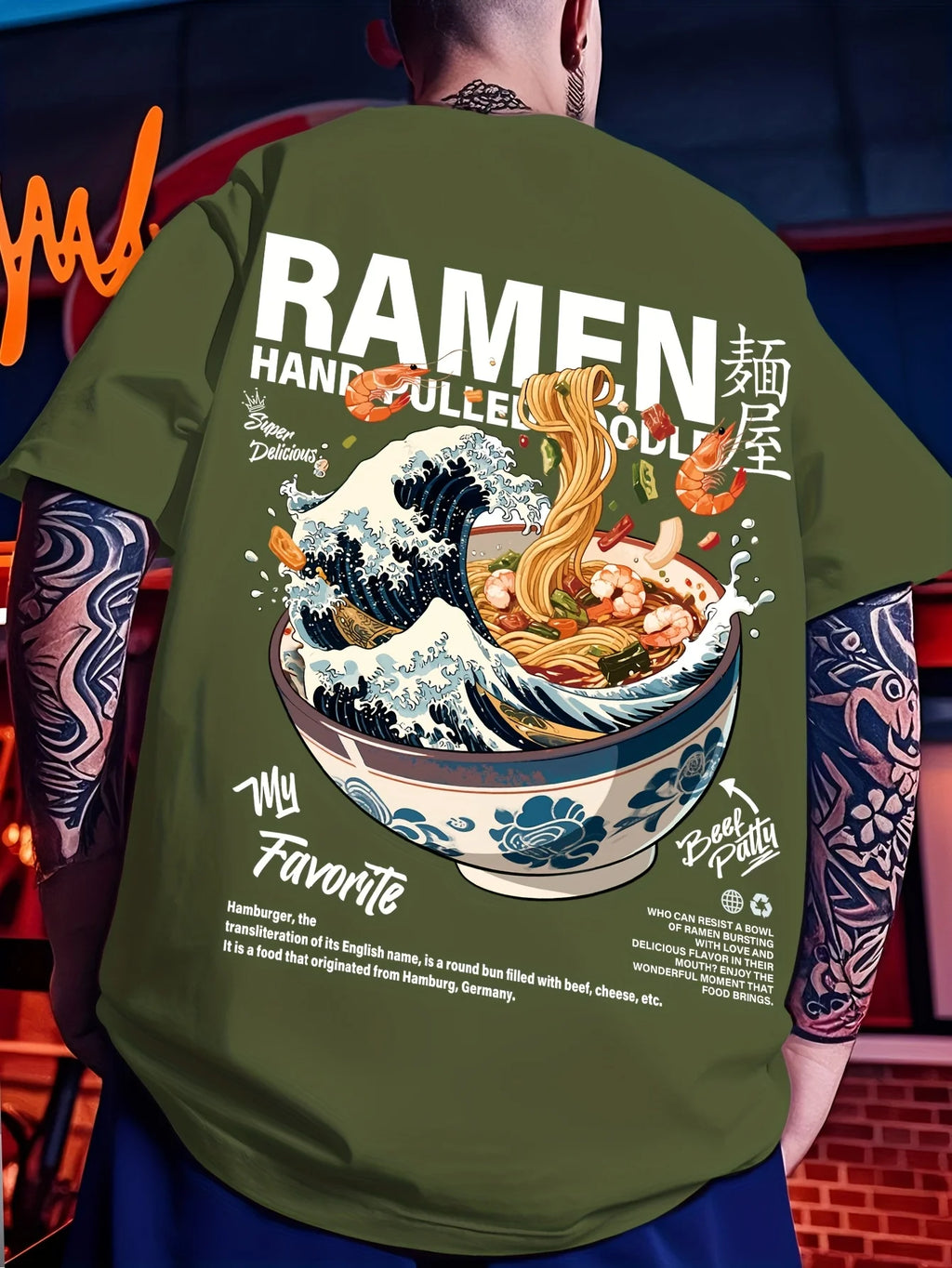Men's Casual Graphic T-Shirt | Japanese Wave & Noodles Print