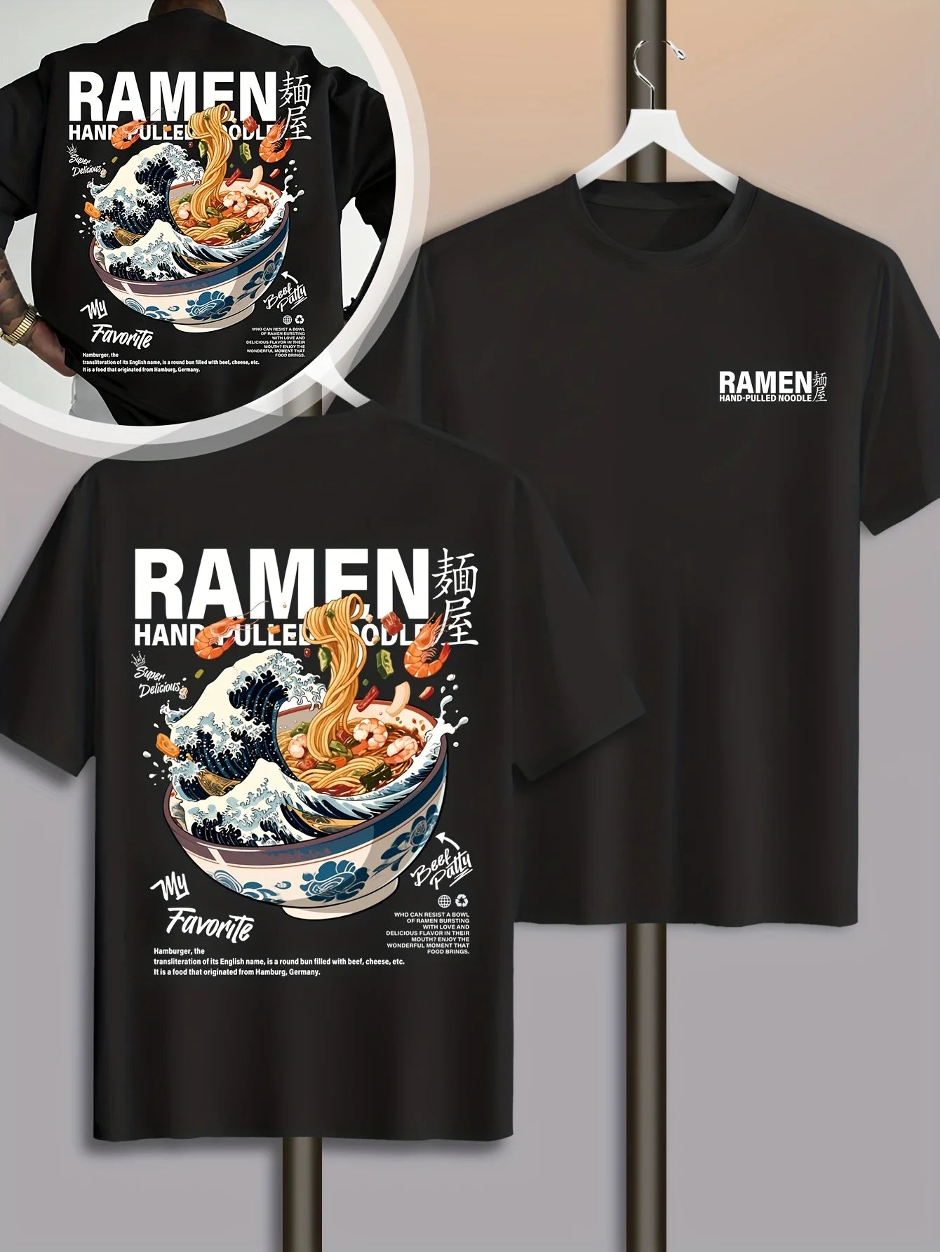 Men's Casual Graphic T-Shirt | Japanese Wave & Noodles Print