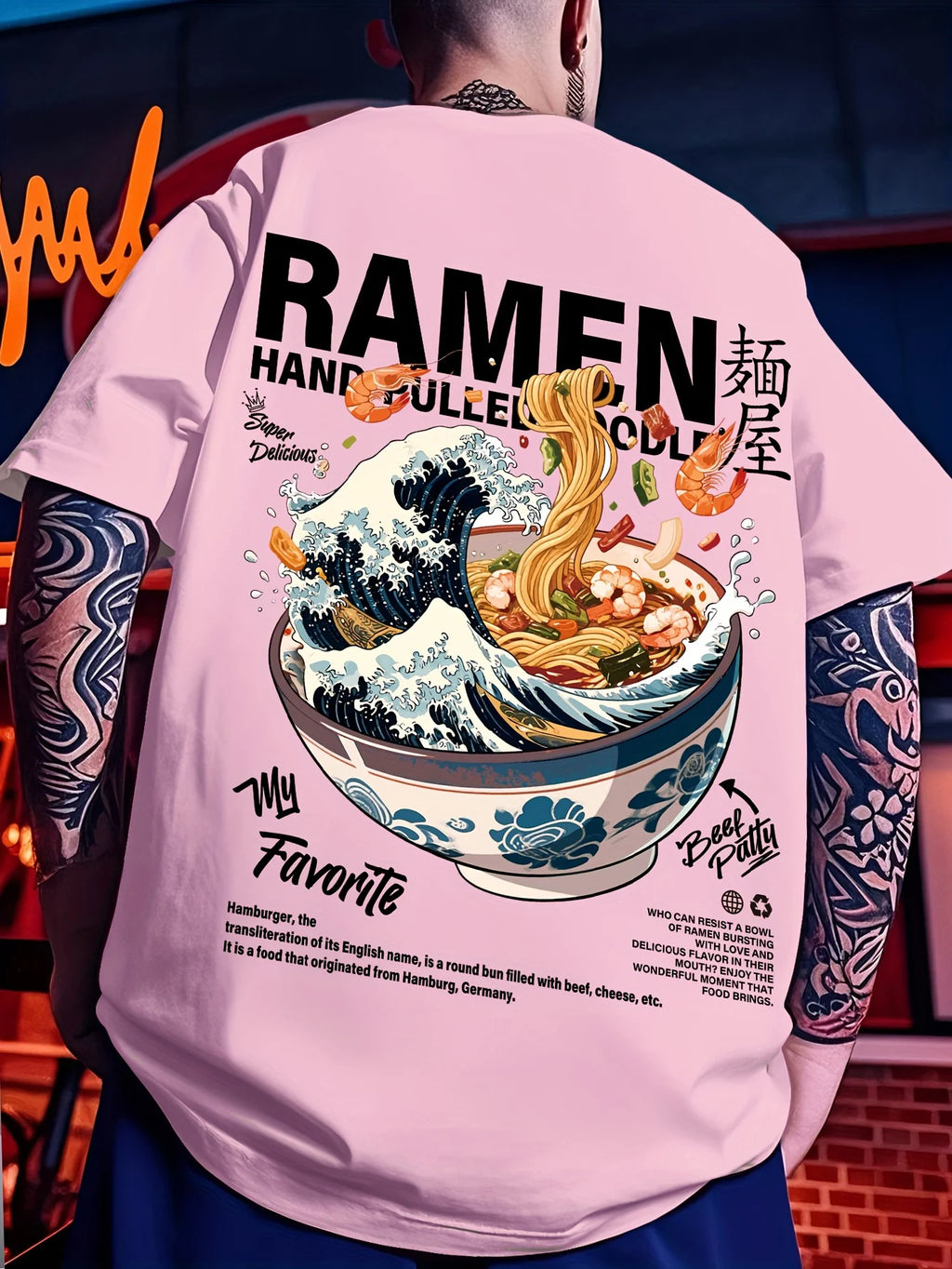 Men's Casual Graphic T-Shirt | Japanese Wave & Noodles Print