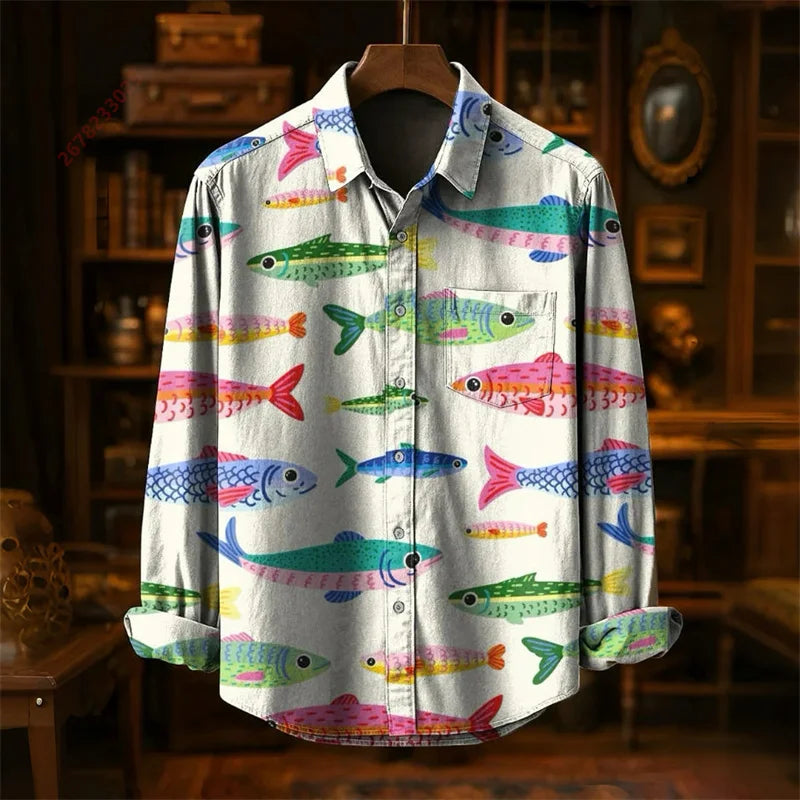 Colorful Fish Print Long-Sleeve Shirt | Trendy Casual Top for All