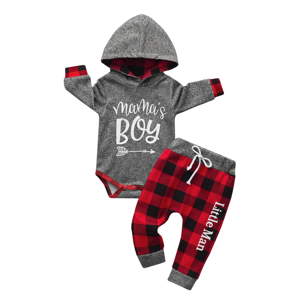 Adorable Baby Boy Clothes | Mama's Boy Hoodie & Plaid Pants Set