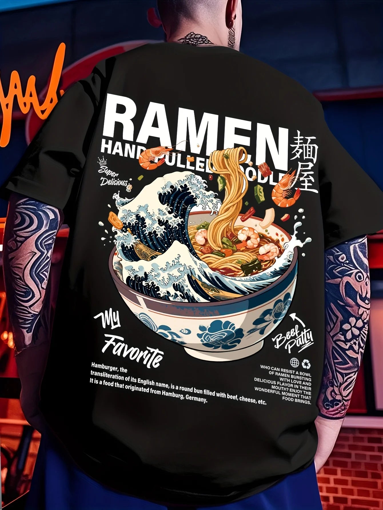 Men's Casual Graphic T-Shirt | Japanese Wave & Noodles Print