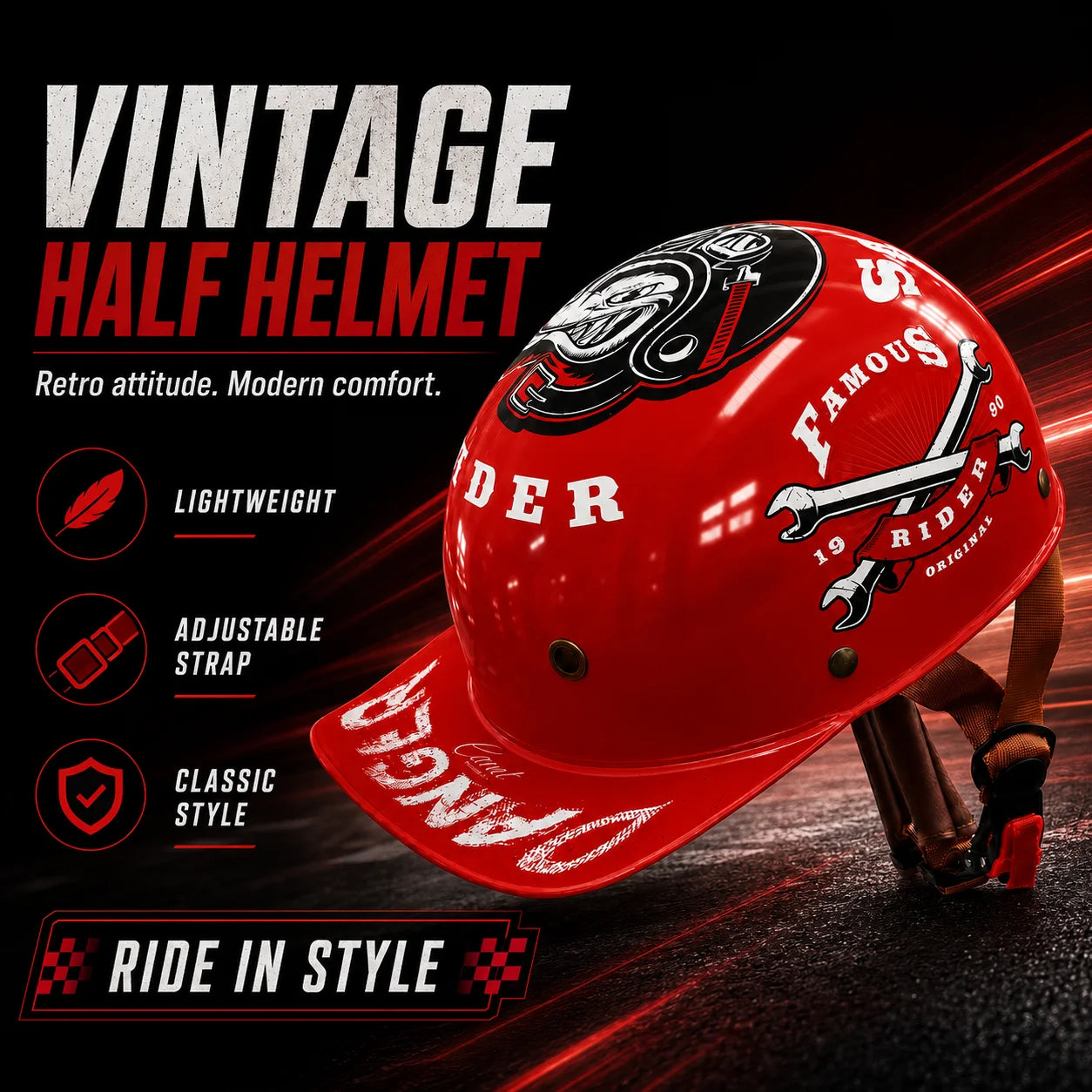 Lightweight Vintage Half Helmet | Open Face Motorcycle Protection