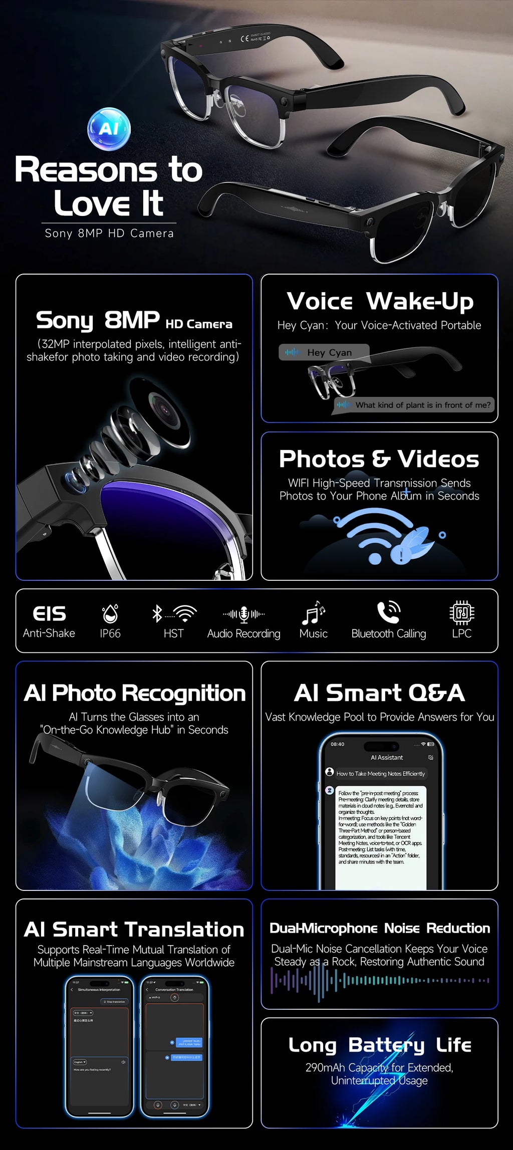 AI Smart Glasses with 8K HD Camera | Bluetooth Call & Voice Control