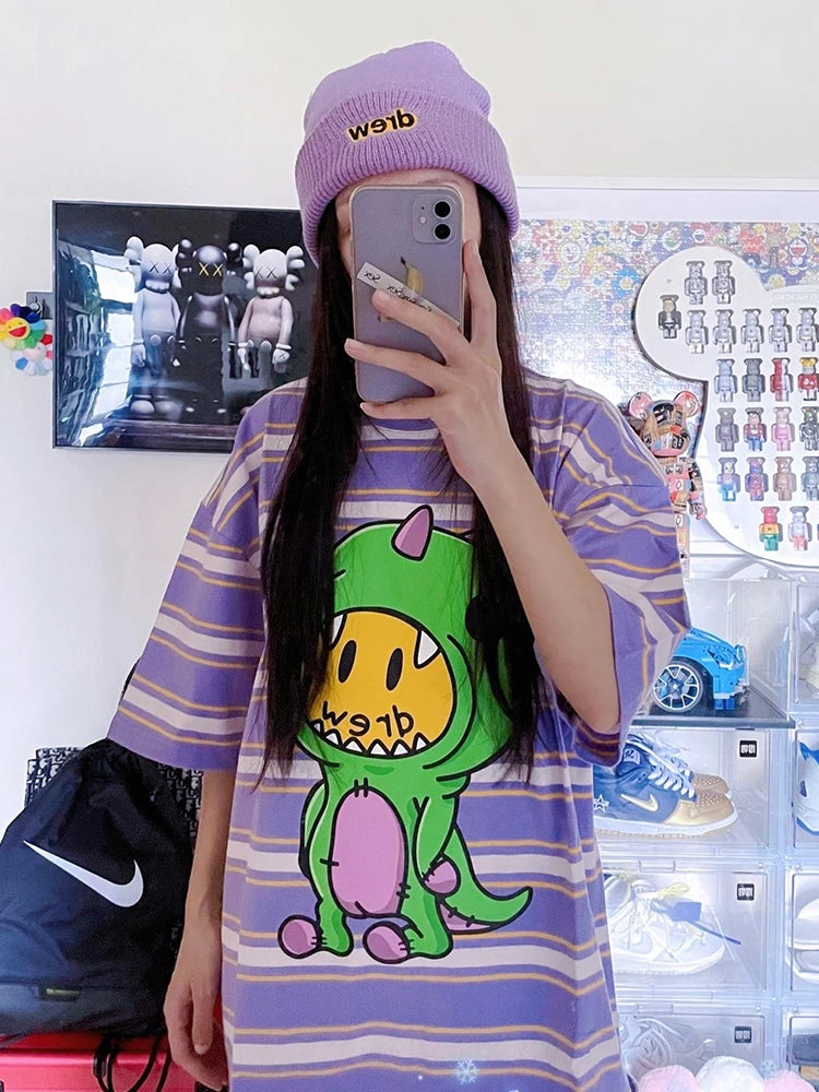 Men's Oversized Dinosaur Smiley Print T-Shirt | Casual Streetwear