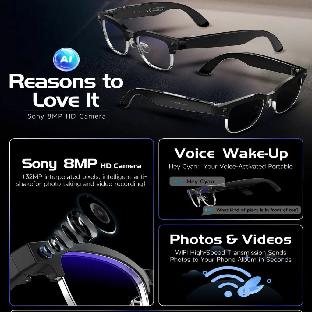 AI Smart Glasses with 8K HD Camera | Bluetooth Call & Voice Control